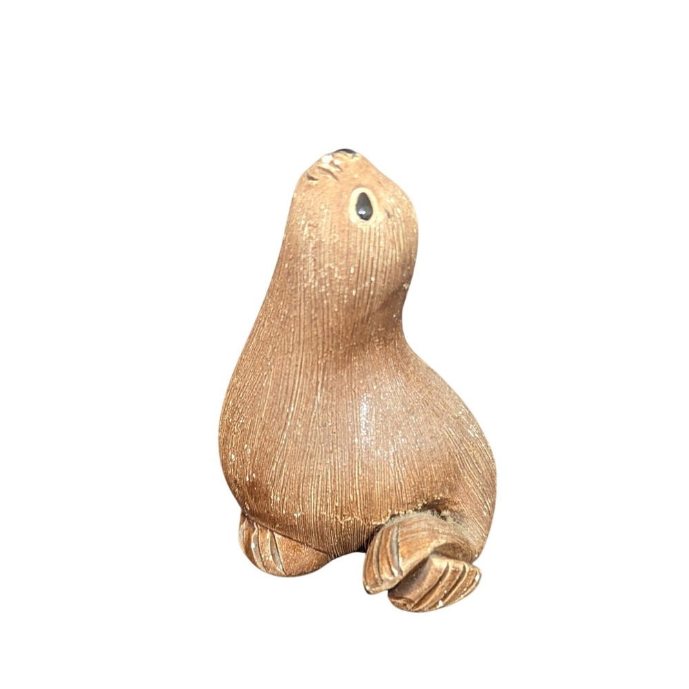 Vintage Signed Studio Pottery Clay Seal Figurine Brown Textured Art 3 Inch
